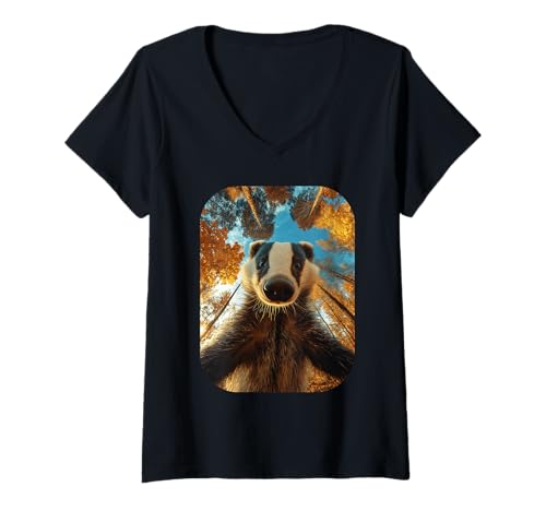 Damen Niedlicher Dachs Selfie Herbst Blätter Wald Herbst Tier Grafik T-Shirt mit V-Ausschnitt von Humorous Animal Selfie Fall Season Clothes