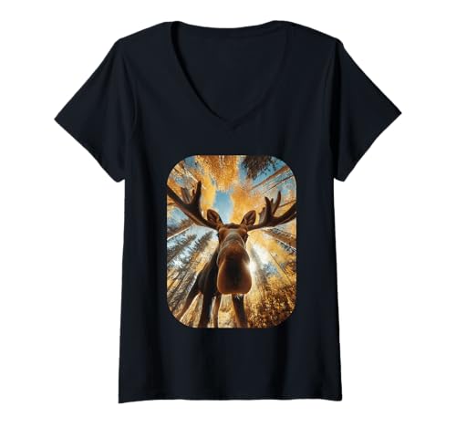 Damen Niedlicher Elch Selfie Herbst Blätter Herbst Tier Wald Ästhetik T-Shirt mit V-Ausschnitt von Humorous Animal Selfie Fall Season Clothes