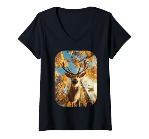 Damen Niedliches Hirsch Selfie Herbst Blätter Wald Herbst Tier Ästhetik T-Shirt mit V-Ausschnitt von Humorous Animal Selfie Fall Season Clothes
