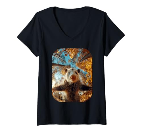 Damen Niedliches Opossum Selfie Herbst Blätter Herbst Wald Tier Grafik T-Shirt mit V-Ausschnitt von Humorous Animal Selfie Fall Season Clothes