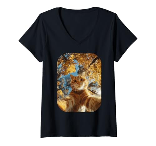 Damen Orange getigerte Katze Selfie Herbst Blätter Herbst Tier Kätzchen T-Shirt mit V-Ausschnitt von Humorous Animal Selfie Fall Season Clothes