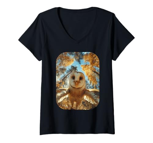 Damen Schleiereule Selfie Herbst Blätter Wald Ästhetik Herbst Tier T-Shirt mit V-Ausschnitt von Humorous Animal Selfie Fall Season Clothes