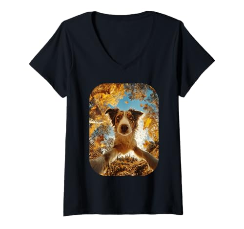 Damen Süßer Australischer Schäferhund Selfie Herbst Blätter Herbst Hundeliebhaber T-Shirt mit V-Ausschnitt von Humorous Animal Selfie Fall Season Clothes