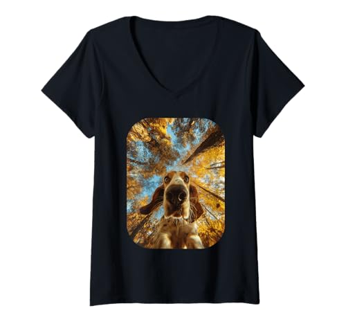 Damen Süßer Basset Hound Selfie Herbst Blätter Tier Hundeliebhaber T-Shirt mit V-Ausschnitt Damen Süßer Basset Hound Selfie Herbst Blätter Tier Hundeliebhaber T-Shirt mit V-Ausschnitt von Humorous Animal Selfie Fall Season Clothes