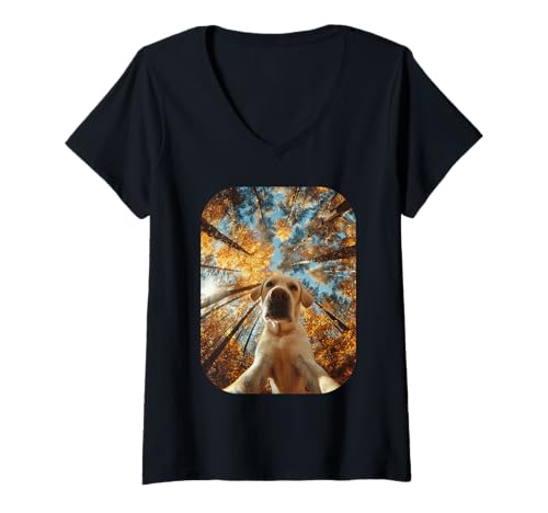 Damen Süßer Labrador Retriever Selfie Herbst Blätter Herbst Hundeliebhaber T-Shirt mit V-Ausschnitt von Humorous Animal Selfie Fall Season Clothes