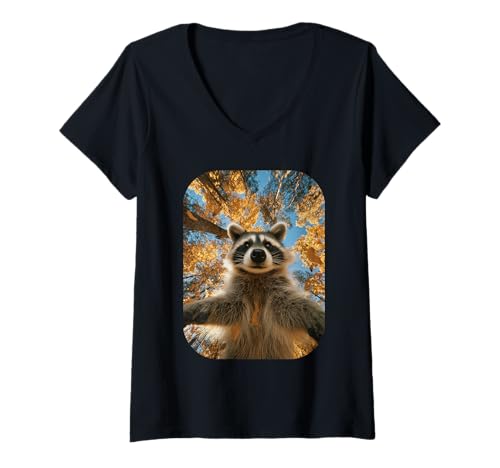 Damen Süßer Waschbär Selfie Herbst Blätter Wild Herbst Tier Ästhetik T-Shirt mit V-Ausschnitt von Humorous Animal Selfie Fall Season Clothes