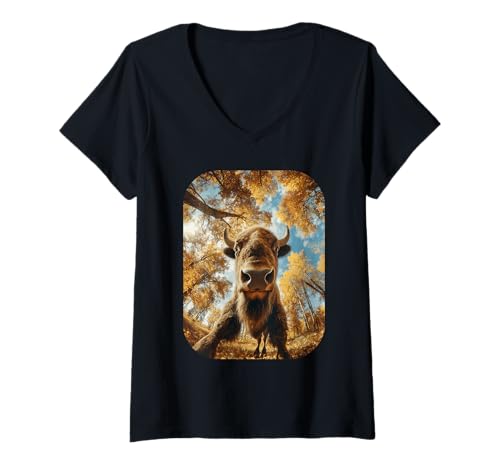 Damen Süßes Bison Selfie Herbst Blätter Wald Ästhetisches Herbsttier T-Shirt mit V-Ausschnitt von Humorous Animal Selfie Fall Season Clothes
