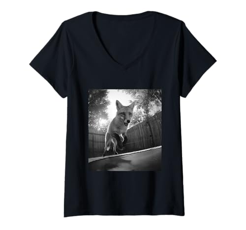 Damen Funny Fox Jumping on Trampolin Forest Animal Graphic T-Shirt mit V-Ausschnitt Damen Funny Fox Jumping on Trampolin Forest Animal Graphic T-Shirt mit V-Ausschnitt von Humorous Backyard Animals Wildlife Clothing