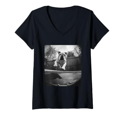 Damen Lustige Bulldogge springt auf einem Trampolin Dog Lover Grafik T-Shirt mit V-Ausschnitt Damen Lustige Bulldogge springt auf einem Trampolin Dog Lover Grafik T-Shirt mit V-Ausschnitt von Humorous Backyard Animals Wildlife Clothing