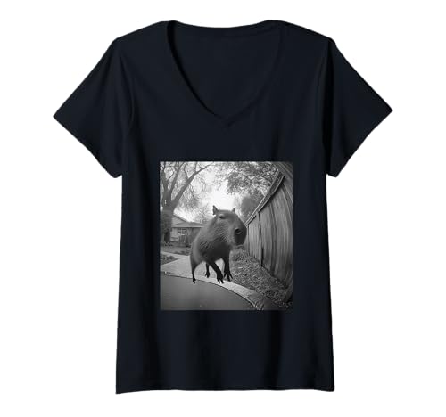Damen Lustige Capybara Jumping on Trampolin Forest Animal Graphic T-Shirt mit V-Ausschnitt Damen Lustige Capybara Jumping on Trampolin Forest Animal Graphic T-Shirt mit V-Ausschnitt von Humorous Backyard Animals Wildlife Clothing
