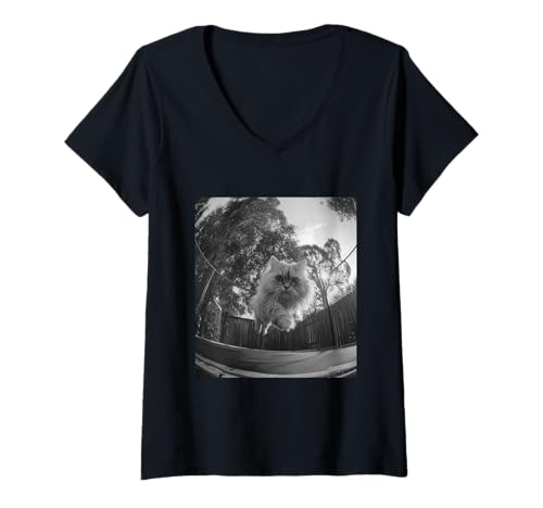 Damen Lustige Perserkatze, die auf Trampolin springt, Tierliebhaber-Grafik T-Shirt mit V-Ausschnitt Damen Lustige Perserkatze, die auf Trampolin springt, Tierliebhaber-Grafik T-Shirt mit V-Ausschnitt von Humorous Backyard Animals Wildlife Clothing
