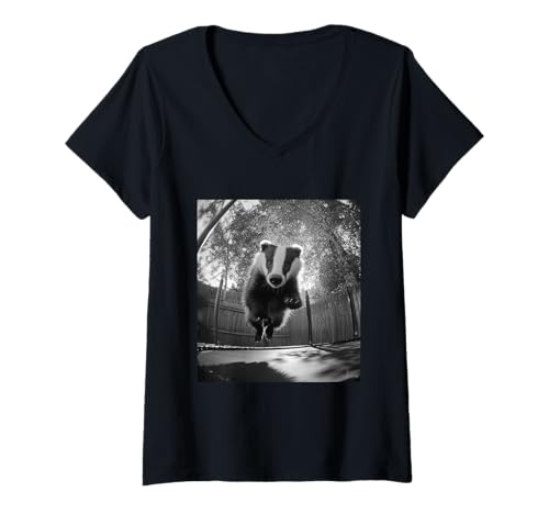 Damen Lustiger Dachs springt auf Trampolin Waldtier Grafik T-Shirt mit V-Ausschnitt Damen Lustiger Dachs springt auf Trampolin Waldtier Grafik T-Shirt mit V-Ausschnitt von Humorous Backyard Animals Wildlife Clothing
