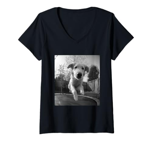 Damen Lustiger Golden Retriever springt auf einem Trampolin Hundeliebhaber T-Shirt mit V-Ausschnitt Damen Lustiger Golden Retriever springt auf einem Trampolin Hundeliebhaber T-Shirt mit V-Ausschnitt von Humorous Backyard Animals Wildlife Clothing