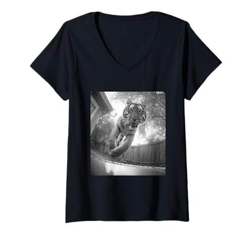 Damen Lustiger Tiger springt auf Trampolin Hinterhof Tiergrafik T-Shirt mit V-Ausschnitt Damen Lustiger Tiger springt auf Trampolin Hinterhof Tiergrafik T-Shirt mit V-Ausschnitt von Humorous Backyard Animals Wildlife Clothing