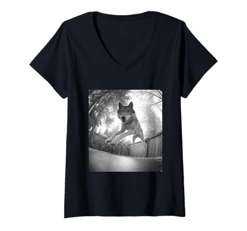 Damen Lustiger Wolf springt auf Trampolin Hinterhof Tiere Grafik T-Shirt mit V-Ausschnitt Damen Lustiger Wolf springt auf Trampolin Hinterhof Tiere Grafik T-Shirt mit V-Ausschnitt von Humorous Backyard Animals Wildlife Clothing