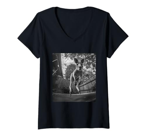 Damen Lustiges Känguru springt auf Trampolin Hinterhof Tiergrafik T-Shirt mit V-Ausschnitt von Humorous Backyard Animals Wildlife Clothing