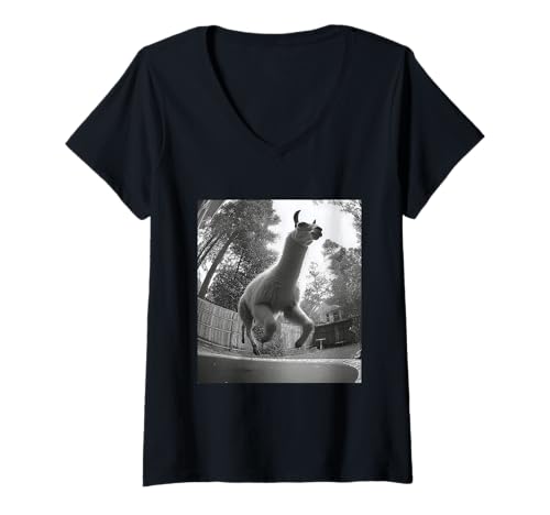 Damen Lustiges Lama, springt auf Trampolin, Hinterhof, Tiergrafik T-Shirt mit V-Ausschnitt Damen Lustiges Lama, springt auf Trampolin, Hinterhof, Tiergrafik T-Shirt mit V-Ausschnitt von Humorous Backyard Animals Wildlife Clothing