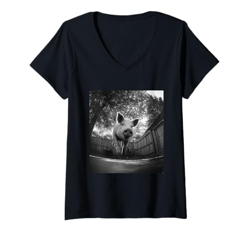 Damen Lustiges Schwein, das auf Trampolin springt, Bauernhoftier-Grafik T-Shirt mit V-Ausschnitt Damen Lustiges Schwein, das auf Trampolin springt, Bauernhoftier-Grafik T-Shirt mit V-Ausschnitt von Humorous Backyard Animals Wildlife Clothing
