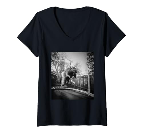 Damen Lustiges Stachelschwein springt auf Trampolin Hinterhof Tierliebhaber T-Shirt mit V-Ausschnitt Damen Lustiges Stachelschwein springt auf Trampolin Hinterhof Tierliebhaber T-Shirt mit V-Ausschnitt von Humorous Backyard Animals Wildlife Clothing