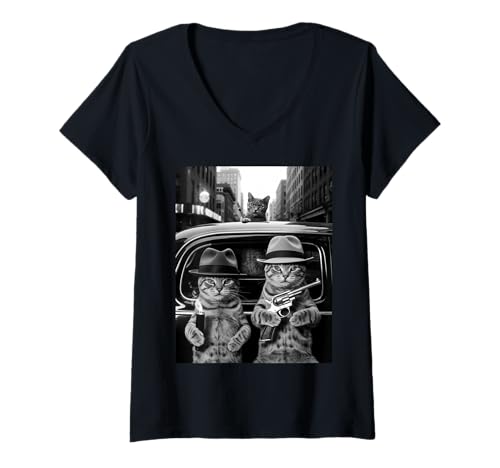 Damen Lustig Gangster Katze Spruch Mafia Mobster Noir Humor Frauen Männer T-Shirt mit V-Ausschnitt Damen Lustig Gangster Katze Spruch Mafia Mobster Noir Humor Frauen Männer T-Shirt mit V-Ausschnitt von Humorous Feline Crime Boss Joke Retro Vintage Meme