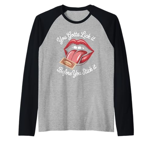 Lustiger Spruch Lick It Before You Stick It Witz Damen Herren Raglan von Humorous Flirty Lips Stamp Sarcasm Retro Vibe