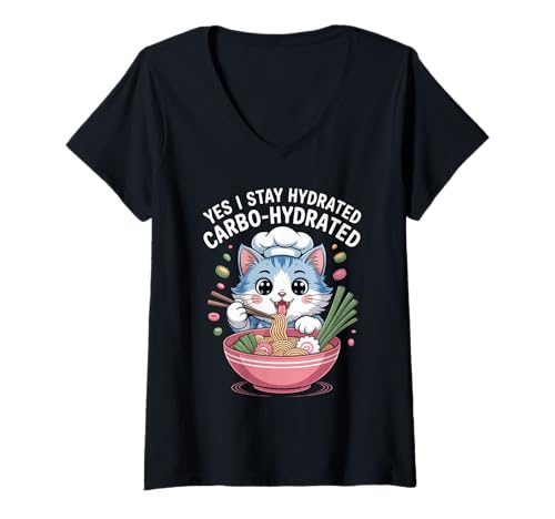 Damen Lustiger Spruch Carbo Hydrated Cat Nudel Pun Witz Damen Herren T-Shirt mit V-Ausschnitt von Humorous Food Lover Kawaii Ramen Chef Vibes