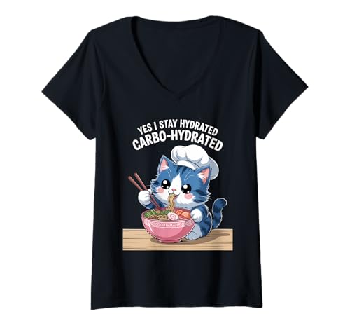 Damen Lustiger Spruch Carbo Hydrated Cat Nudel Pun Witz Damen Herren T-Shirt mit V-Ausschnitt von Humorous Food Lover Kawaii Ramen Chef Vibes
