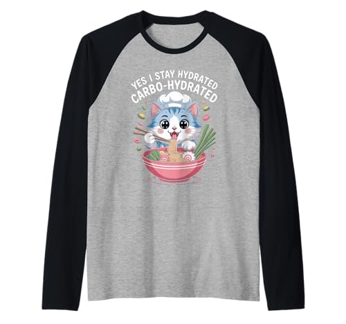 Lustiger Spruch Carbo Hydrated Cat Nudel Pun Witz Damen Herren Raglan von Humorous Food Lover Kawaii Ramen Chef Vibes