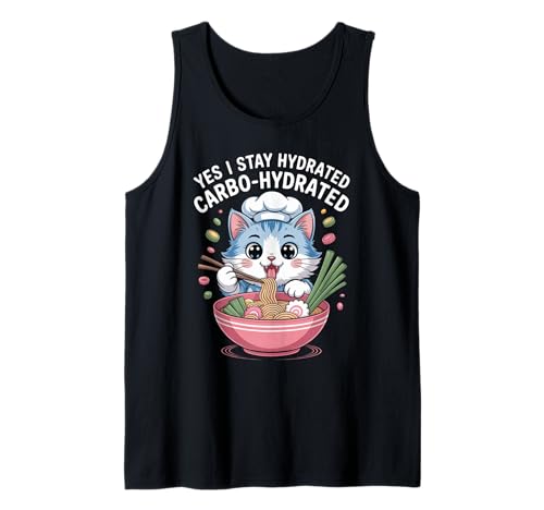Lustiger Spruch Carbo Hydrated Cat Nudel Pun Witz Damen Herren Tank Top von Humorous Food Lover Kawaii Ramen Chef Vibes