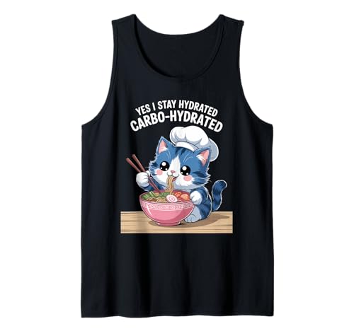 Lustiger Spruch Carbo Hydrated Cat Nudel Pun Witz Damen Herren Tank Top von Humorous Food Lover Kawaii Ramen Chef Vibes