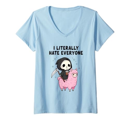 Damen I Literally Hate Everyone Grim Reaper Lama T-Shirt mit V-Ausschnitt Damen I Literally Hate Everyone Grim Reaper Lama T-Shirt mit V-Ausschnitt von Humorous Grim Reaper Llama Design Statement