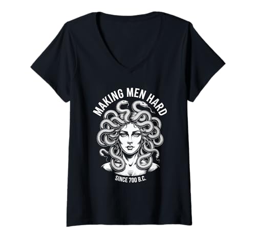 Damen Lustiger Medusa-Spruch Making Men Hard Greek Myth Adult Humor T-Shirt mit V-Ausschnitt von Humorous Mythology Joke Snake Hair Monster Meme