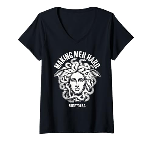 Damen Lustiger Medusa-Spruch Making Men Hard Greek Myth Adult Humor T-Shirt mit V-Ausschnitt von Humorous Mythology Joke Snake Hair Monster Meme