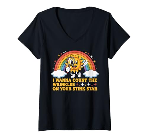 Damen Lustiger Spruch Count Wrinkles On Your Stink Star Adult Humor T-Shirt mit V-Ausschnitt von Humorous Retro Cartoon Joke Rainbow Sun Meme