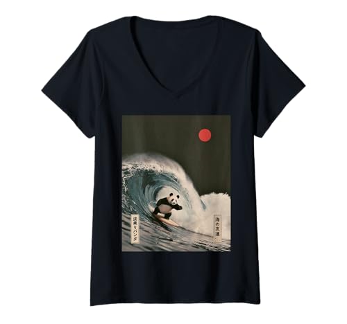 Damen Lustiger Panda Surfen Spruch Japanische Welle Meme Humor Japan T-Shirt mit V-Ausschnitt Damen Lustiger Panda Surfen Spruch Japanische Welle Meme Humor Japan T-Shirt mit V-Ausschnitt von Humorous Retro Japan Ocean Joke Surfer Animal Art
