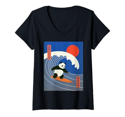 Damen Lustiger Panda Surfen Spruch Japanische Welle Meme Humor Japan T-Shirt mit V-Ausschnitt Damen Lustiger Panda Surfen Spruch Japanische Welle Meme Humor Japan T-Shirt mit V-Ausschnitt von Humorous Retro Japan Ocean Joke Surfer Animal Art