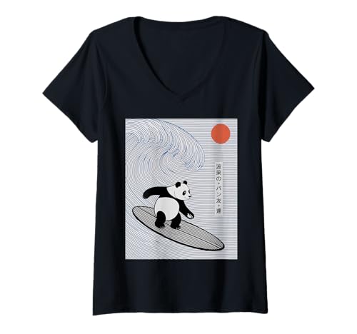 Damen Lustiger Panda Surfen Spruch Japanische Welle Meme Humor Japan T-Shirt mit V-Ausschnitt Damen Lustiger Panda Surfen Spruch Japanische Welle Meme Humor Japan T-Shirt mit V-Ausschnitt von Humorous Retro Japan Ocean Joke Surfer Animal Art