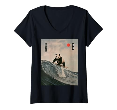 Damen Lustiger Panda Surfen Spruch Japanische Welle Meme Humor Japan T-Shirt mit V-Ausschnitt Damen Lustiger Panda Surfen Spruch Japanische Welle Meme Humor Japan T-Shirt mit V-Ausschnitt von Humorous Retro Japan Ocean Joke Surfer Animal Art