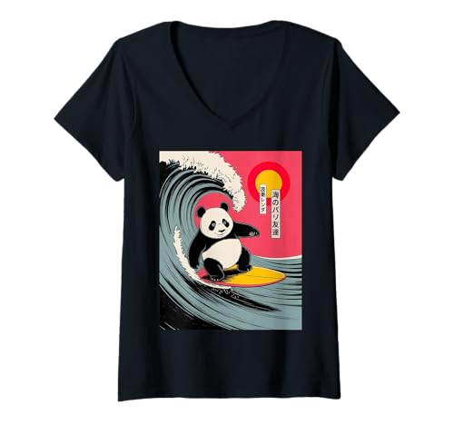 Damen Lustiger Panda Surfen Spruch Japanische Welle Meme Humor Japan T-Shirt mit V-Ausschnitt Damen Lustiger Panda Surfen Spruch Japanische Welle Meme Humor Japan T-Shirt mit V-Ausschnitt von Humorous Retro Japan Ocean Joke Surfer Animal Art