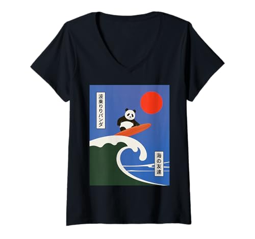 Damen Lustiger Panda Surfen Spruch Japanische Welle Meme Humor Japan T-Shirt mit V-Ausschnitt Damen Lustiger Panda Surfen Spruch Japanische Welle Meme Humor Japan T-Shirt mit V-Ausschnitt von Humorous Retro Japan Ocean Joke Surfer Animal Art