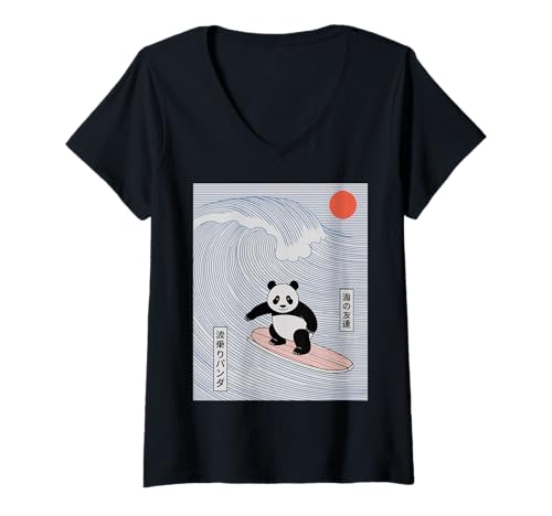 Damen Lustiger Panda Surfen Spruch Japanische Welle Meme Humor Japan T-Shirt mit V-Ausschnitt Damen Lustiger Panda Surfen Spruch Japanische Welle Meme Humor Japan T-Shirt mit V-Ausschnitt von Humorous Retro Japan Ocean Joke Surfer Animal Art