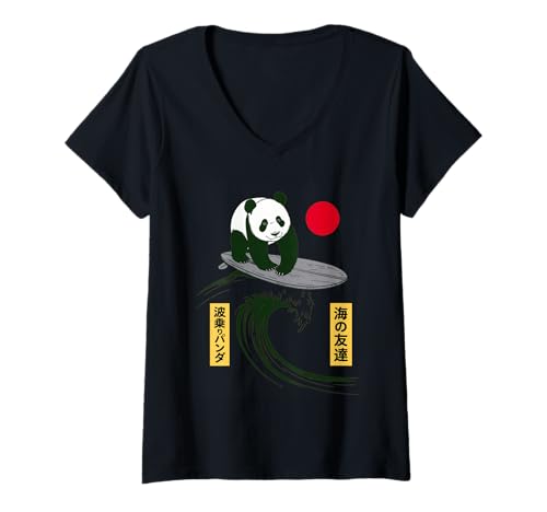 Damen Lustiger Panda Surfen Spruch Japanische Welle Meme Humor Japan T-Shirt mit V-Ausschnitt Damen Lustiger Panda Surfen Spruch Japanische Welle Meme Humor Japan T-Shirt mit V-Ausschnitt von Humorous Retro Japan Ocean Joke Surfer Animal Art