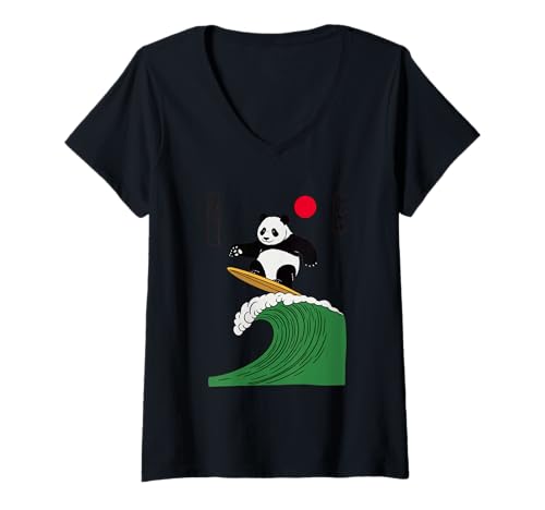 Damen Lustiger Panda Surfen Spruch Japanische Welle Meme Humor Japan T-Shirt mit V-Ausschnitt Damen Lustiger Panda Surfen Spruch Japanische Welle Meme Humor Japan T-Shirt mit V-Ausschnitt von Humorous Retro Japan Ocean Joke Surfer Animal Art