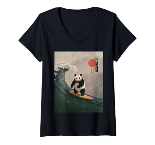 Damen Lustiger Panda Surfen Spruch Japanische Welle Meme Humor Japan T-Shirt mit V-Ausschnitt Damen Lustiger Panda Surfen Spruch Japanische Welle Meme Humor Japan T-Shirt mit V-Ausschnitt von Humorous Retro Japan Ocean Joke Surfer Animal Art