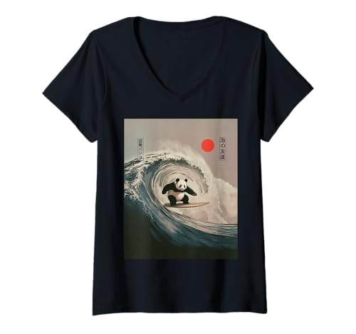 Damen Lustiger Panda Surfen Spruch Japanische Welle Meme Humor Japan T-Shirt mit V-Ausschnitt Damen Lustiger Panda Surfen Spruch Japanische Welle Meme Humor Japan T-Shirt mit V-Ausschnitt von Humorous Retro Japan Ocean Joke Surfer Animal Art