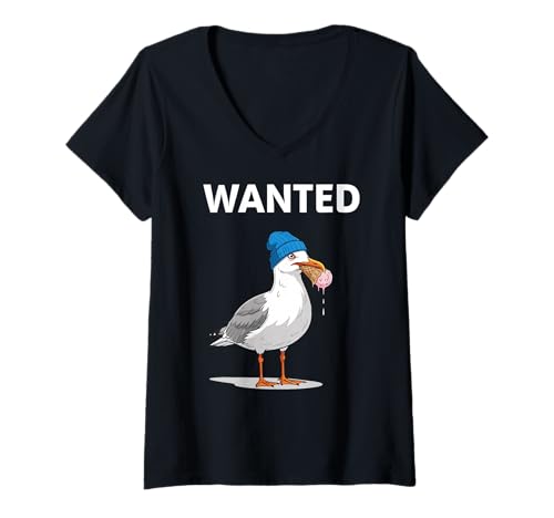 Damen Wanted Möwe mit Eistüte T-Shirt mit V-Ausschnitt Damen Wanted Möwe mit Eistüte T-Shirt mit V-Ausschnitt von Humorous Seagull Ice Cream Lover Funny Animal