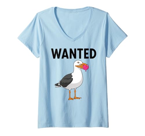Damen Wanted Möwe mit Eistüte T-Shirt mit V-Ausschnitt Damen Wanted Möwe mit Eistüte T-Shirt mit V-Ausschnitt von Humorous Seagull Ice Cream Lover Funny Animal