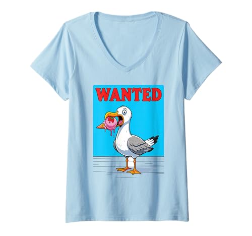 Damen Wanted Möwe mit Eistüte T-Shirt mit V-Ausschnitt Damen Wanted Möwe mit Eistüte T-Shirt mit V-Ausschnitt von Humorous Seagull Ice Cream Lover Funny Animal
