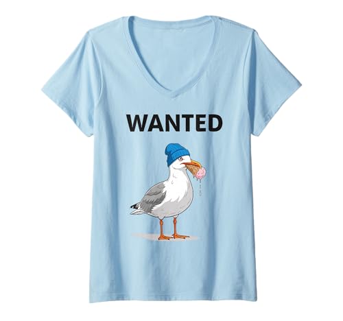 Damen Wanted Möwe mit Eistüte T-Shirt mit V-Ausschnitt Damen Wanted Möwe mit Eistüte T-Shirt mit V-Ausschnitt von Humorous Seagull Ice Cream Lover Funny Animal
