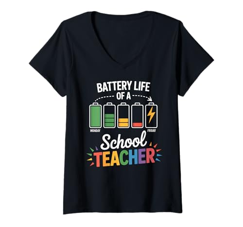 Damen Lustiger Lehrer Battery Week Lehrerhumor T-Shirt mit V-Ausschnitt von Humorous Teacher Life Designs